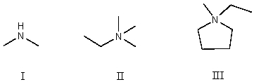 <strong>Which compound contains a nitrogen atom with a formal positive charge? </strong> A)I B)II C)III D)More than one of these choices. E)None of these choices.
