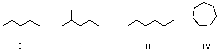 <strong>Which of the following structures represent compounds that are constitutional isomers of each other? </strong> A)I and II B)I and III C)I,II,and III D)I,II,III,and IV E)II and III