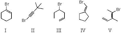 <strong>Which compound is not a constitutional isomer of the others? </strong> A)I and II B)II C)III D)IV and V E)All of these choices are isomers of each other.