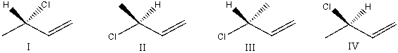 <strong>Which of the following structure is an acceptable bond line formula for CH<sub>3</sub>CHClCHCH<sub>2</sub>? </strong> A)I B)I and IV C)II and III D)I,II,and III E)All of these choices.