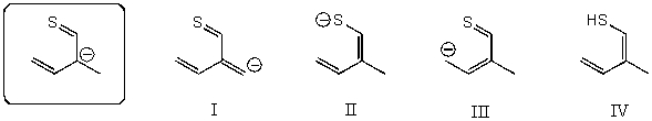 <strong>Which of the following species is/are not a resonance form(s)of the anionic species in the box? </strong> A)I B)II and III C)III and IV D)I and IV E)I and III