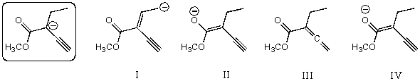 <strong>Which of the following species is/are a resonance form(s)of the species in the box? </strong> A)I and II B)II and III C)III D)II E)More than two of these choices are correct resonance forms.