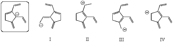 <strong>Which of the following species is/are not a resonance form(s)of the species in the box? </strong> A)I B)II C)III D)IV E)More than two of these choices are incorrect resonance forms.