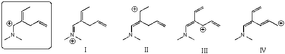 <strong>Which of the following species is/are not a resonance form(s)of the species in the box? </strong> A)I and II B)II and III C)III and IV D)I and IV E)II and IV
