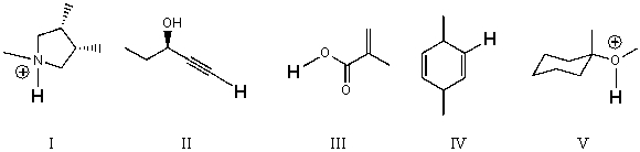 <strong>Rank the bold-faced hydrogens for the following compounds from most acidic to least acidic. </strong> A)I > II > III > IV > V B)III > V > II > I > IV C)V > II > IV > III > I D)III > I > V > II > IV E)V > III > I > II > IV