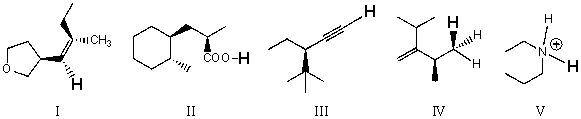 <strong>Rank the bold-faced hydrogens for the following compounds from most acidic to least acidic. </strong> A)I > II > III > IV > V B)II > V > III > I > IV C)II > III > V > I > IV D)III > I > V > II > IV E)V > II > III > I > IV