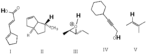<strong>Rank the bold-faced hydrogens for the following compounds from most acidic to least acidic. </strong> A)III > IV > I > V > II B)II > III > V > IV > I C)II > V > III > IV > I D)V > III > II > IV > I E)III > I > IV > V > II