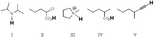 Rank the bold-faced hydrogens for the following compounds from most acidic to least acidic.
