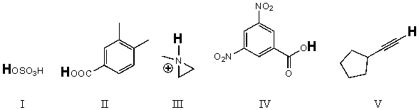 Rank the bold-faced hydrogens for the following compounds from most acidic to least acidic.