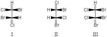 <strong>Which molecule is achiral? </strong> A)I B)II C)III D)More than one of these choices. E)None of these choices.