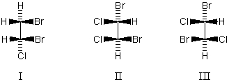 <strong>Which molecule is achiral? </strong> A)I B)II C)III D)More than one of these choices. E)None of these choices.