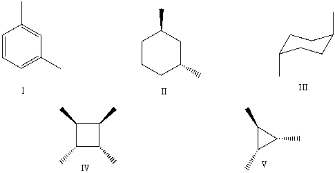 <strong>Which of the following compounds are chiral? </strong> A)I,IV,and V B)II only C)II and III D)III only E)all compounds are achiral