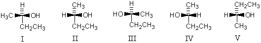 <strong>Which of the following represent (R)-2-butanol? </strong> A)III and V B)I,III,IV and V C)I,IV and V D)I and III E)I,II,IV and V