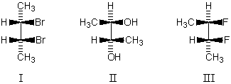 <strong>Which molecule is a meso compound? </strong> A)I B)II C)III D)More than one of these choices. E)None of these choices.