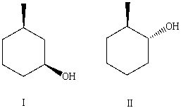 <strong>What is the relationship between alcohols I and II? They are:</strong> A)constitutional isomers. B)enantiomers. C)conformers D)diastereomers. E)identical.