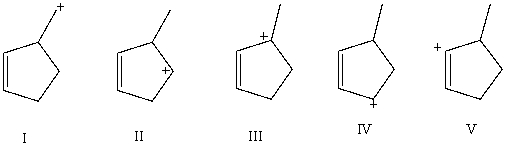 <strong>Which carbocation would be most stable? </strong> A)I B)II C)III D)IV E)V