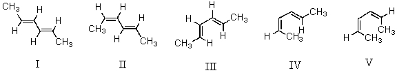 <strong>Considering both configurational and conformational factors,select the least stable form of 2,4-hexadiene. </strong> A)I B)II C)III D)IV E)V