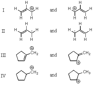 <strong>Which pair does not represent a pair of resonance structures? </strong> A)I B)II C)III D)IV E)All of these choices represent pairs of resonance structures.