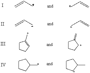 <strong>Which pair does not represent a pair of resonance structures? </strong> A)I B)II C)III D)IV E)All of these choices represent pairs of resonance structures.