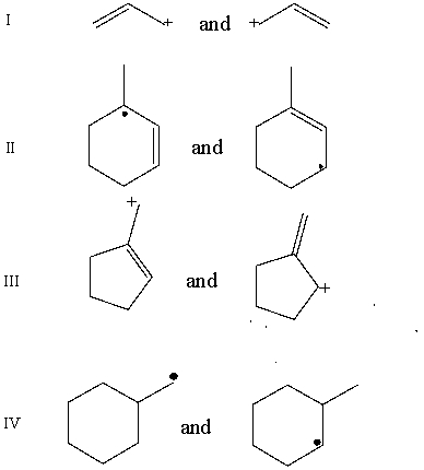 <strong>Which pair does not represent a pair of resonance structures? </strong> A)I B)II C)III D)IV E)All of these choices represent pairs of resonance structures.