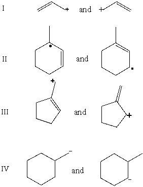 <strong>Which pair does not represent a pair of resonance structures? </strong> A)I B)II C)III D)IV E)All of these choices represent pairs of resonance structures.