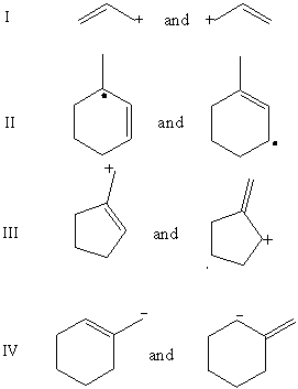 <strong>Which pair does not represent a pair of resonance structures? </strong> A)I B)II C)III D)IV E)All of these choices represent pairs of resonance structures.