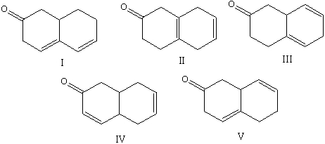 <strong>Select the structure(s)in which the multiple bonds are conjugated. </strong> A)I and IV B)II and III C)III and V D)I,II and III E)V