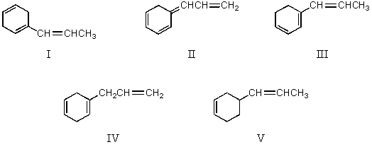 <strong>Which compound would have a UV absorption band at longest wavelength? </strong> A)I B)II C)III D)IV E)V