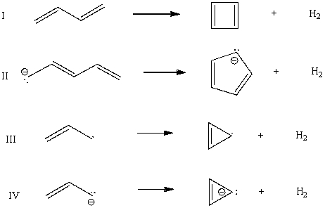<strong>Which cyclization(s)should occur with a decrease in pi-electron energy? </strong> A)I B)II C)III D)IV E)All of these choices.