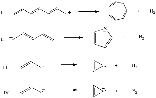 <strong>Which cyclization(s)should occur with an increase in pi-electron energy? </strong> A)I B)II C)III D)IV E)All of these choices.