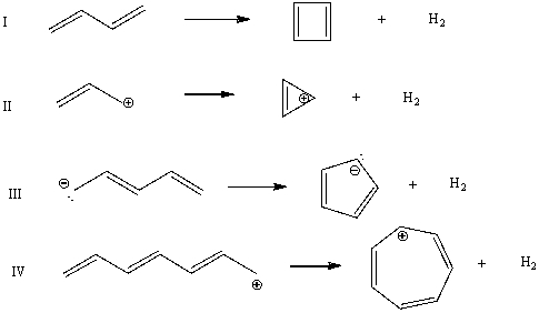 <strong>Which cyclization(s)should occur with an increase in pi-electron energy? </strong> A)I B)II C)III D)IV E)All of these choices.