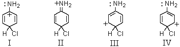 <strong>Which of the following contributors to the resonance stabilized hybrid formed when aniline undergoes para-chlorination would be exceptionally stable? </strong> A)I B)II C)III D)IV E)None of these choices.
