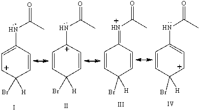 <strong>Consider the resonance forms shown for the arenium ionformed from the bromination of acetanilide.Which resonance form contributes most to the overall resonance hybrid? </strong> A)I B)II C)III D)IV E)All contribute equally.