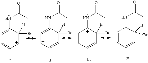 <strong>Consider the resonance forms shown for the arenium ionformed from the bromination of acetanilide.Which resonance form contributes most to the overall resonance hybrid? </strong> A)I B)II C)III D)IV E)All contribute equally.