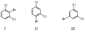 <strong>What would you expect to be the major product obtained from the monobromination of m-dichlorobenzene? </strong> A)I B)II C)III D)Equal amounts of I and II. E)Equal amounts of I,II and III.