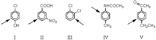 Each of the five disubstituted benzenes shown below is nitrated.In which of these cases does the arrow not indicate the chief position of nitration.