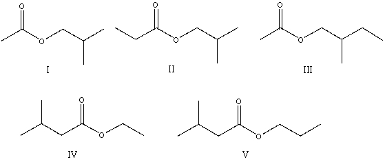 <strong>The correct structure for ethyl 3-methylbutanoate is: </strong> A)I B)II C)III D)IV E)V