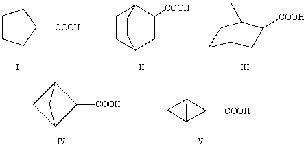 <strong>The correct structure for bicyclo[1.1.1]pentane-2-carboxylic acid is:  </strong> A)I B)II C)III D)IV E)V <div style=padding-top: 35px> 