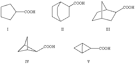 <strong>The correct structure for bicyclo[2.2.2]octane-2-carboxylic acid is:  </strong> A)I B)II C)III D)IV E)V <div style=padding-top: 35px> 