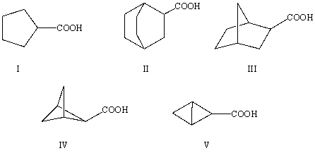 <strong>The correct structure for bicyclo[1.1.0]butane-2-carboxylic acid is:  </strong> A)I B)II C)III D)IV E)V <div style=padding-top: 35px> 