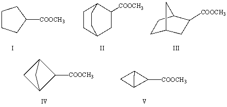<strong>The correct structure for methyl bicyclo[1.1.1]pentane-2-carboxylate is:  </strong> A)I B)II C)III D)IV E)V <div style=padding-top: 35px> 