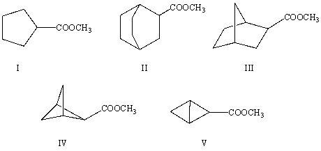 <strong>The correct structure for methyl bicyclo[2.2.2]octane-2-carboxylate is:  </strong> A)I B)II C)III D)IV E)V <div style=padding-top: 35px> 