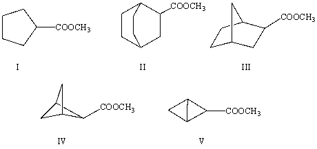 <strong>The correct structure for methyl bicyclo[1.1.0]butane-2-carboxylate is:  </strong> A)I B)II C)III D)IV E)V <div style=padding-top: 35px> 