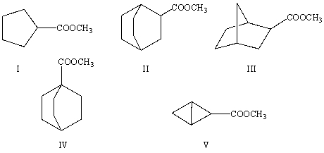 <strong>The correct structure for methyl bicyclo[2.2.2]octane-1-carboxylate is:  </strong> A)I B)II C)III D)IV E)V <div style=padding-top: 35px> 