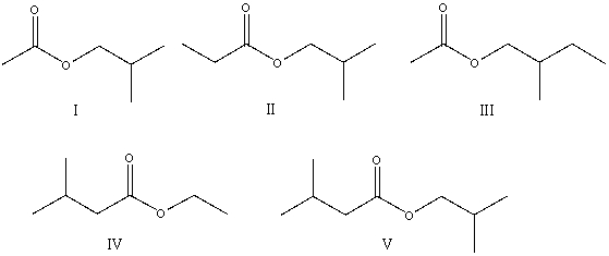 <strong>The correct structure for ethyl 3-methylbutanoate is: </strong> A)I B)II C)III D)IV E)V