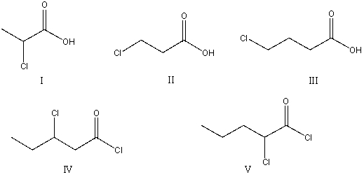 <strong>The correct structure for ethyl 2-chloropentanoyl chloride is: </strong> A)I B)II C)III D)IV E)V
