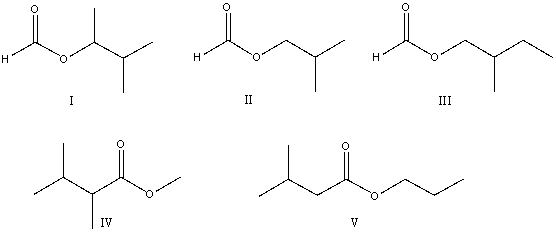 <strong>The correct structure for 2-methylbutyl methanoate is: </strong> A)I B)II C)III D)IV E)V