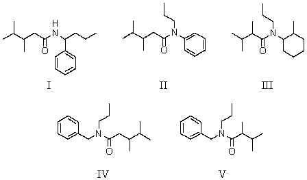 <strong>Which of the following structures is N-benzyl-N-propyl-2,3-dimethylbutanamide? </strong> A)I B)II C)III D)IV E)V
