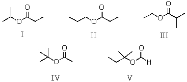 <strong>A compound has the molecular formula,C<sub>6</sub>H<sub>12</sub>O<sub>2</sub>.Its IR spectrum shows a strong absorption band near 1740 cm<sup>-1</sup>; its <sup>1</sup>H NMR spectrum consists of two singlets,at \delta 1.4 and \delta 2.0.The most likely structure for this compound is: </strong> A)I B)II C)III D)IV E)V