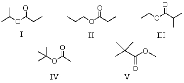 <strong>A compound has the molecular formula,C<sub>6</sub>H<sub>12</sub>O<sub>2</sub>.Its IR spectrum shows a strong absorption band near 1740 cm<sup>-1</sup>; its <sup>1</sup>H NMR spectrum consists of two singlets,at \delta 1.2 and \delta 3.6.The most likely structure for this compound is: </strong> A)I B)II C)III D)IV E)V